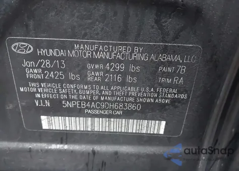 2013 Hyundai Sonata Gls из США, поврежденный, VIN 5NPEB4AC9DH683860